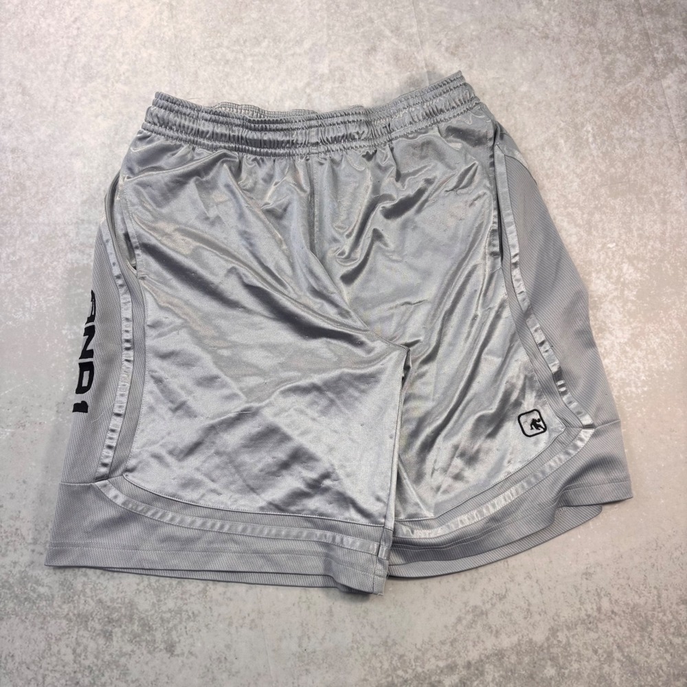 AND1 Basketball Shorts Men's XL Silver Gray Shiny Mesh Y2K Streetwear